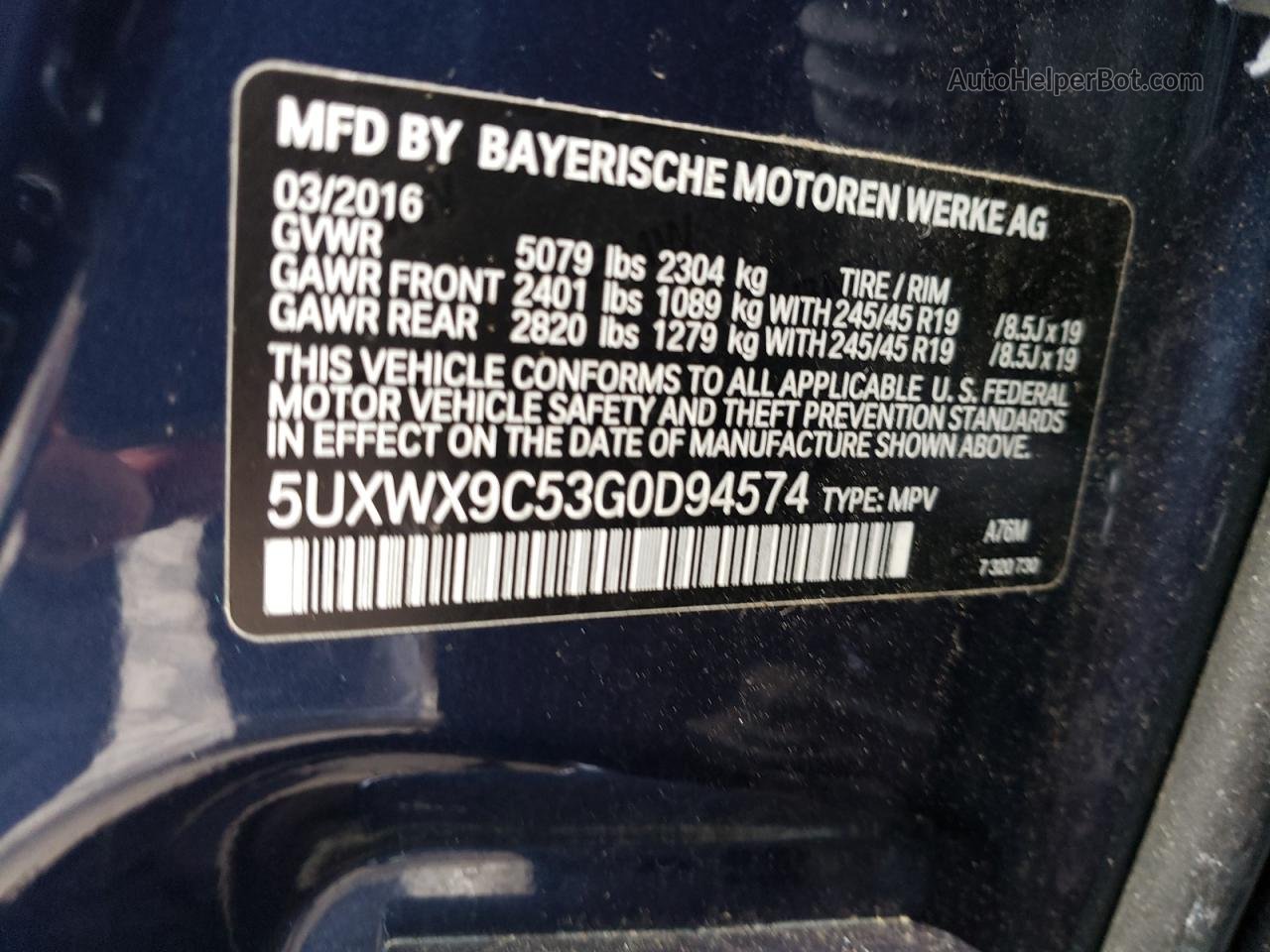 2016 Bmw X3 Xdrive28i Синий vin: 5UXWX9C53G0D94574