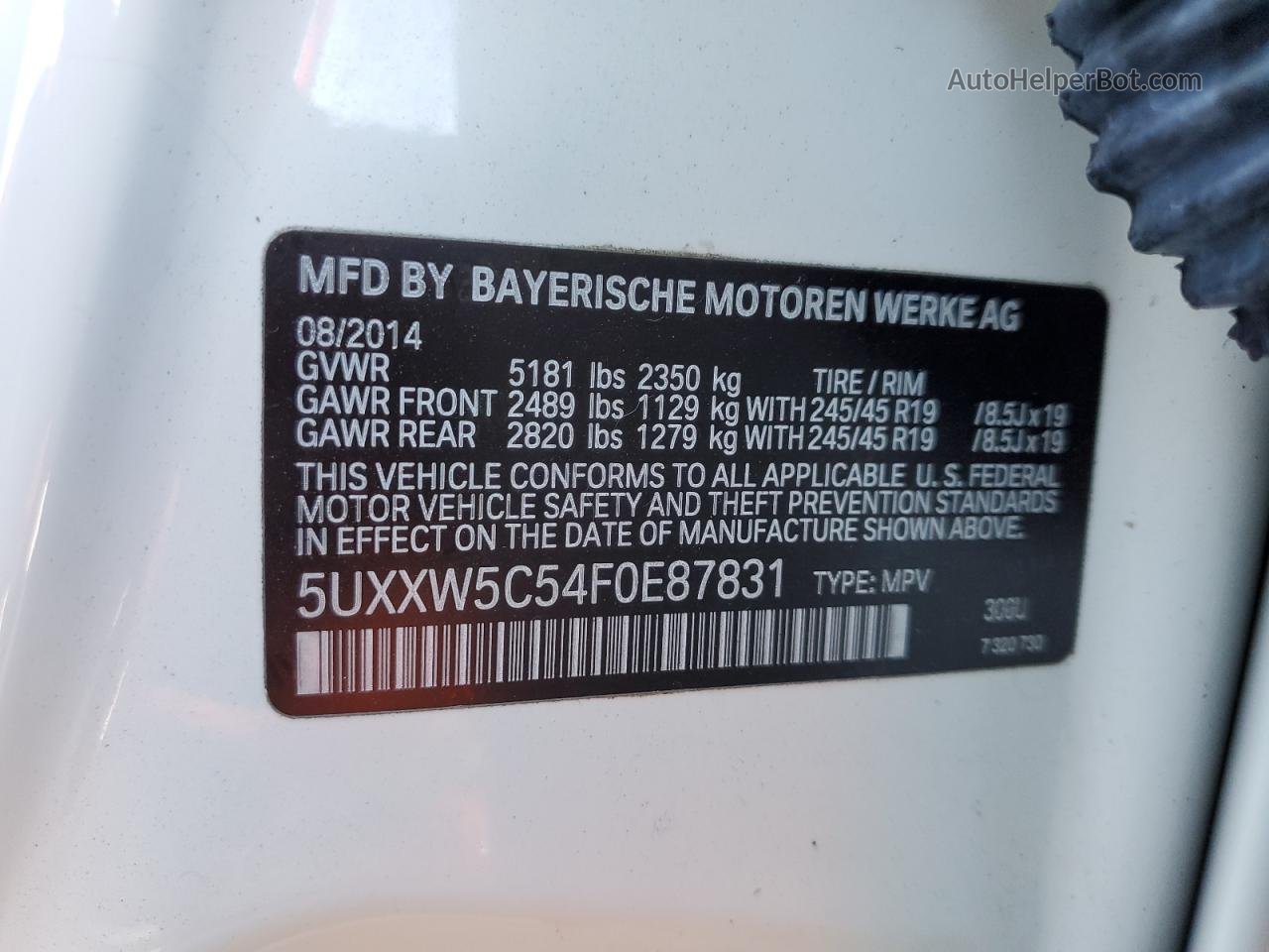 2015 Bmw X4 Xdrive35i Белый vin: 5UXXW5C54F0E87831