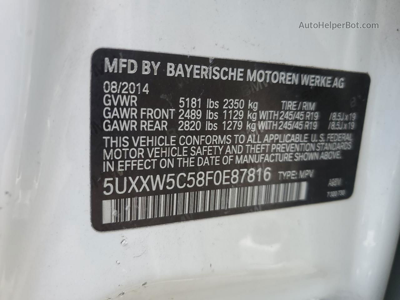 2015 Bmw X4 Xdrive35i Белый vin: 5UXXW5C58F0E87816