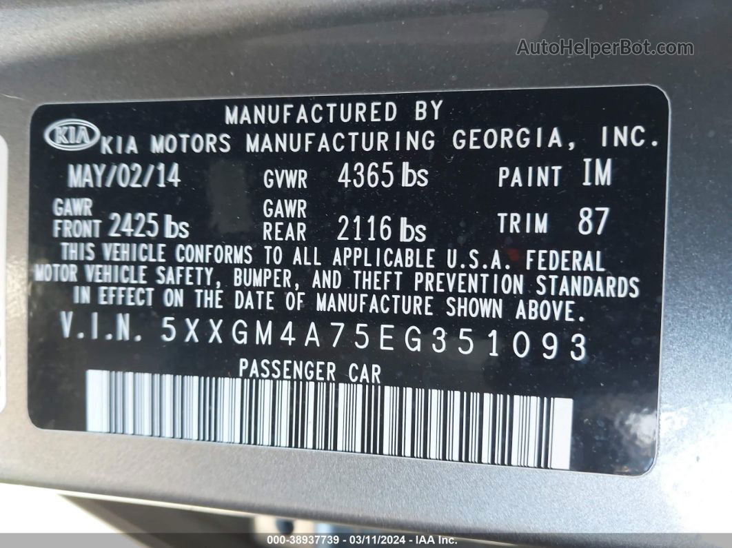 2014 Kia Optima Lx Silver vin: 5XXGM4A75EG351093