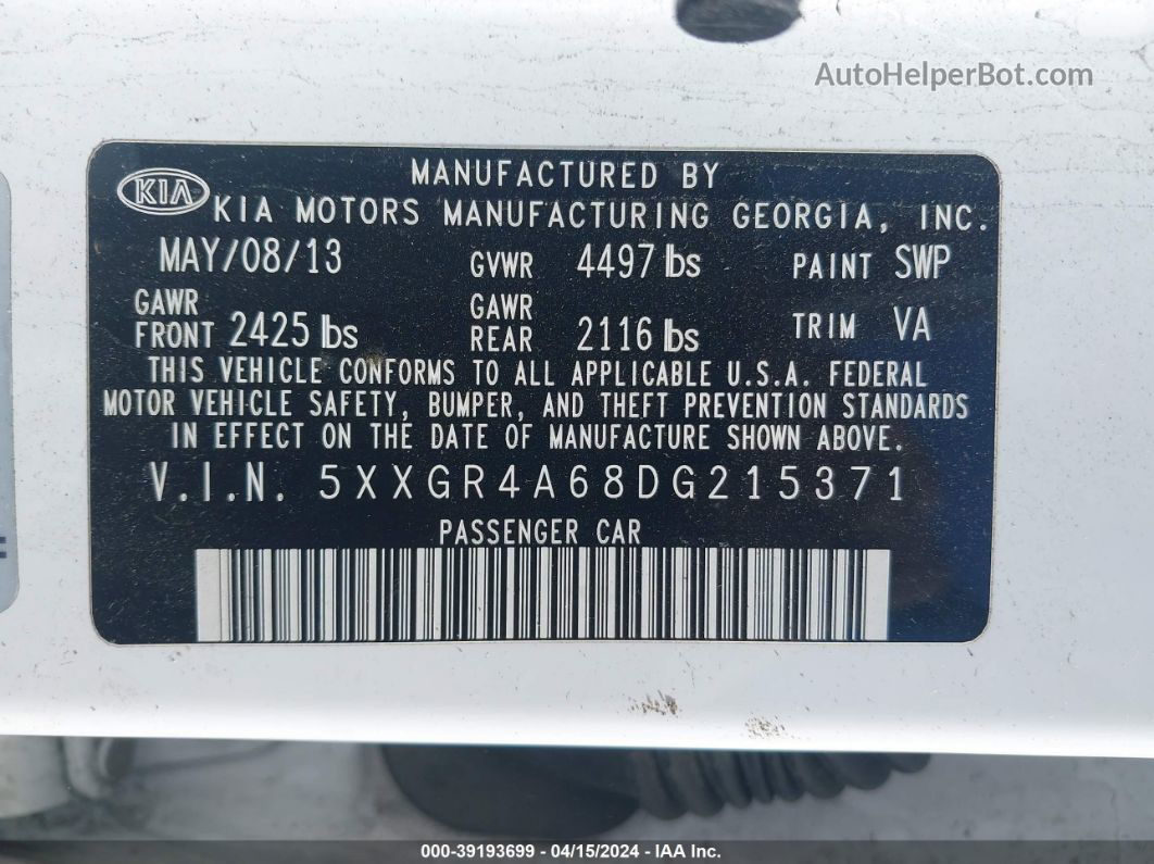 2013 Kia Optima Sx White vin: 5XXGR4A68DG215371