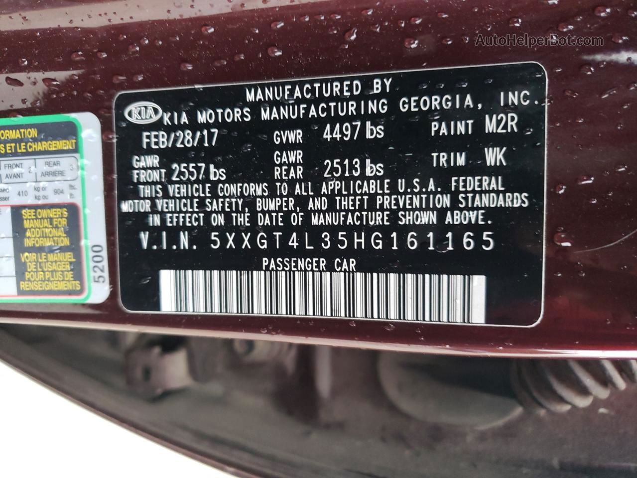 2017 Kia Optima Lx Burgundy vin: 5XXGT4L35HG161165