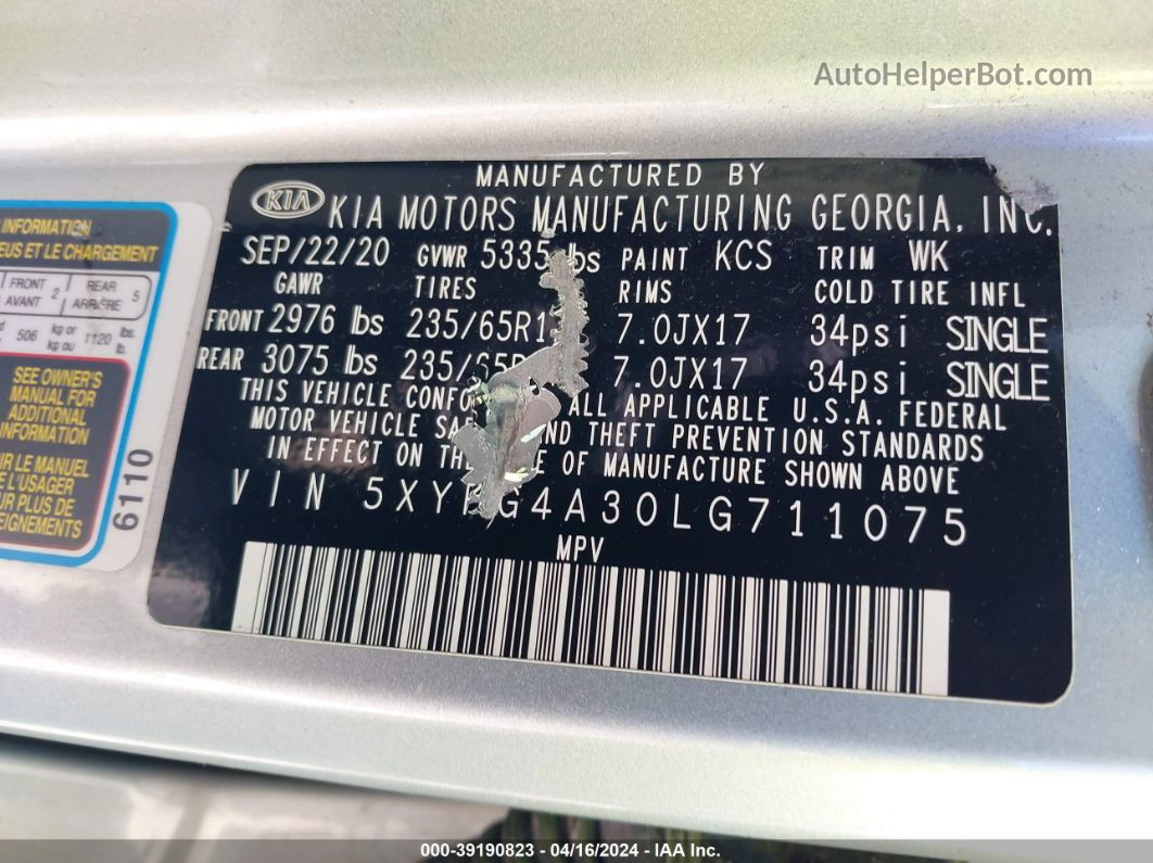 2020 Kia Sorento 2.4l Lx Silver vin: 5XYPG4A30LG711075