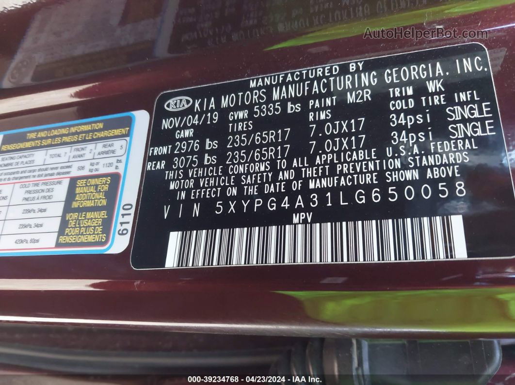2020 Kia Sorento 2.4l Lx Maroon vin: 5XYPG4A31LG650058