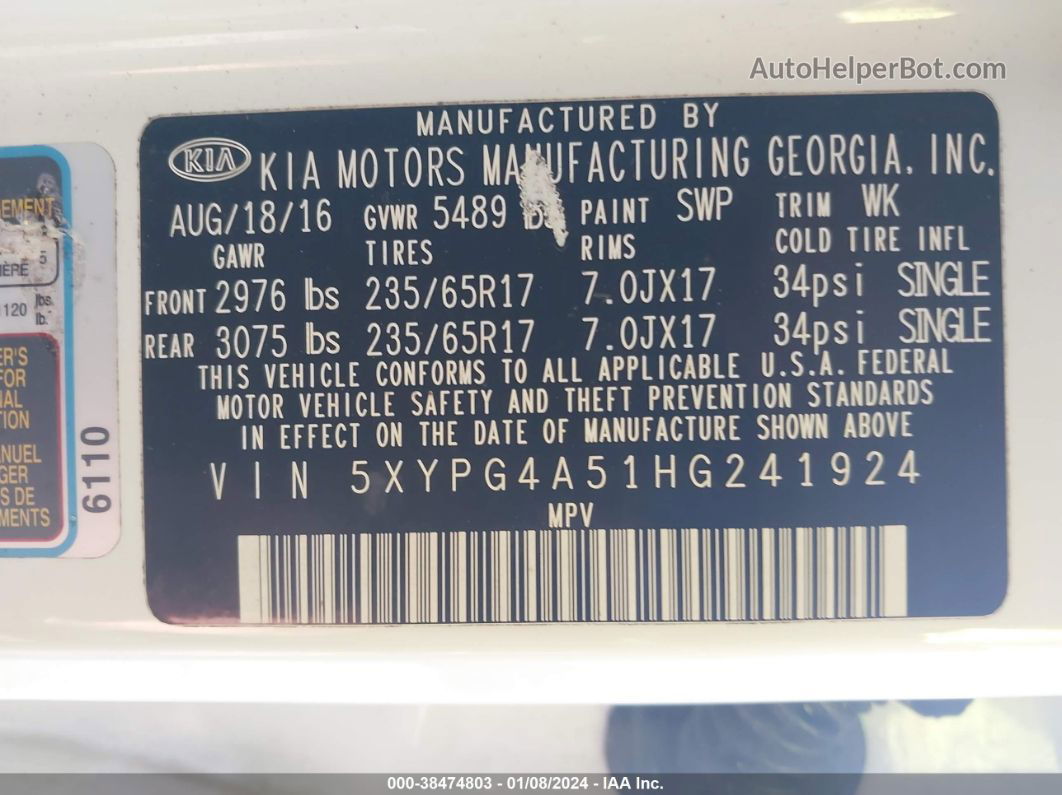 2017 Kia Sorento 3.3l Lx White vin: 5XYPG4A51HG241924