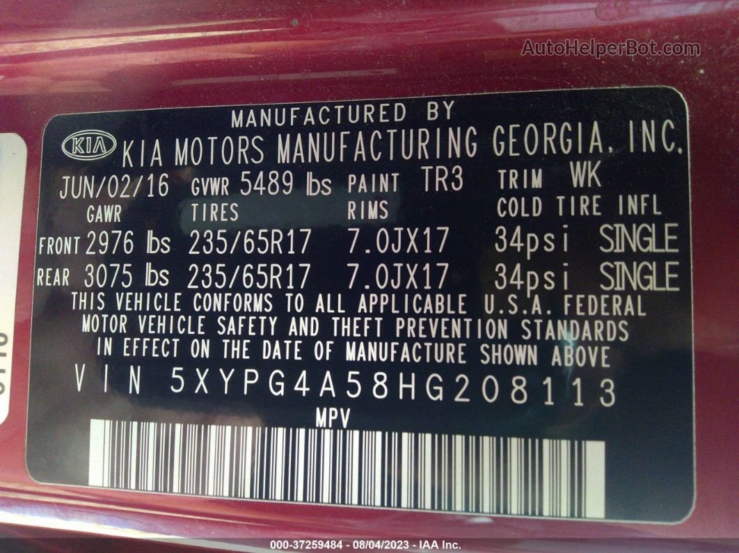 2017 Kia Sorento Lx V6 Red vin: 5XYPG4A58HG208113