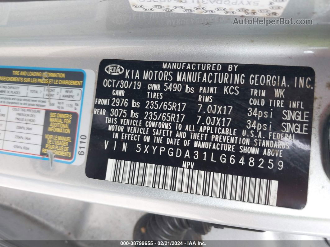 2020 Kia Sorento 2.4l Lx Silver vin: 5XYPGDA31LG648259