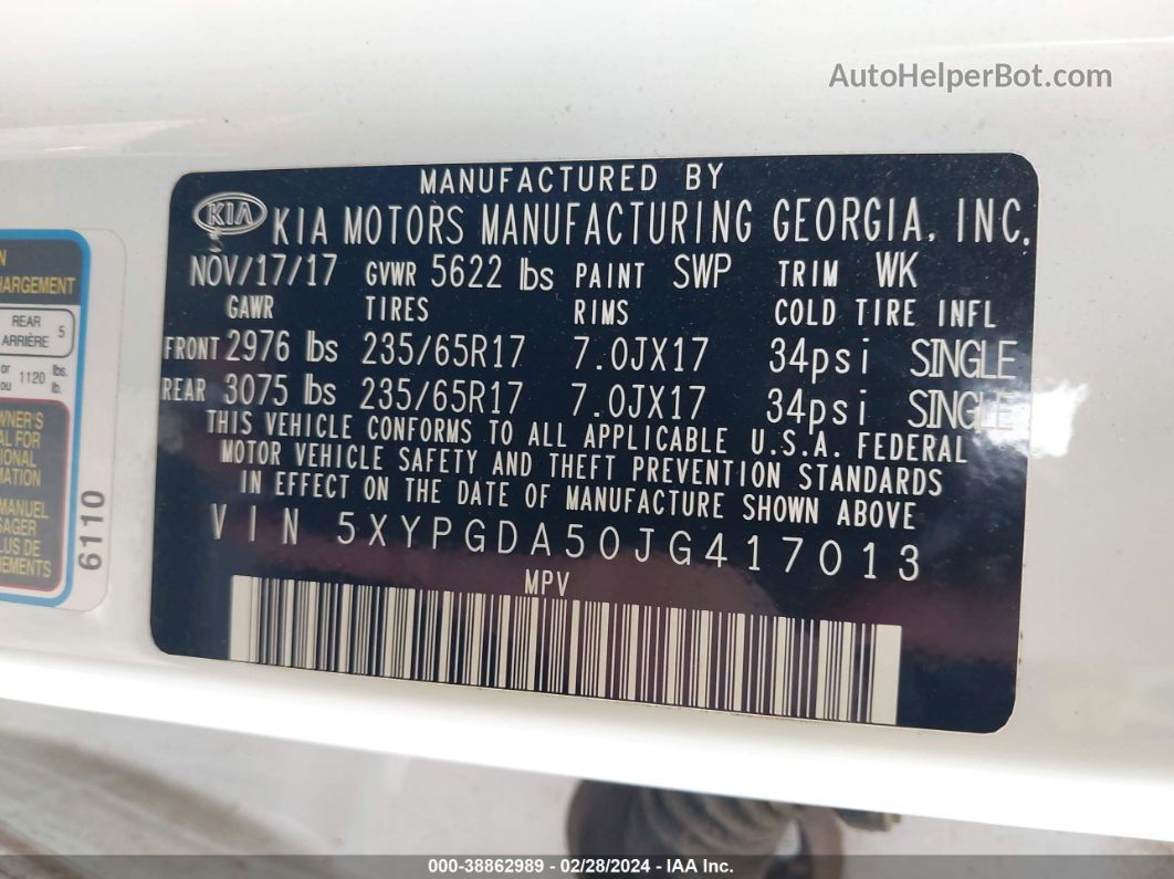 2018 Kia Sorento 3.3l Lx White vin: 5XYPGDA50JG417013