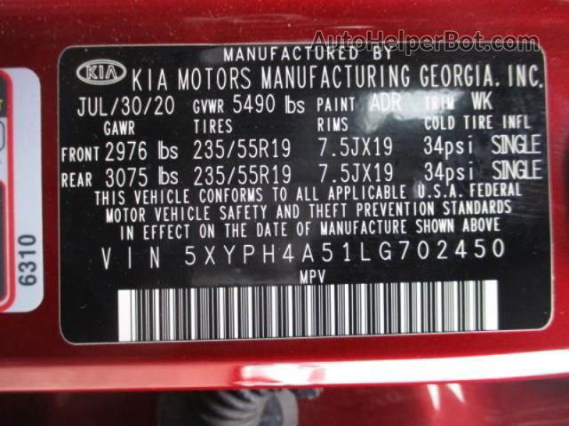 2020 Kia Sorento Ex V6 Red vin: 5XYPH4A51LG702450