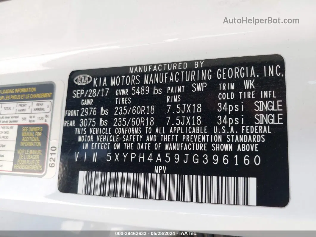 2018 Kia Sorento 3.3l Ex White vin: 5XYPH4A59JG396160