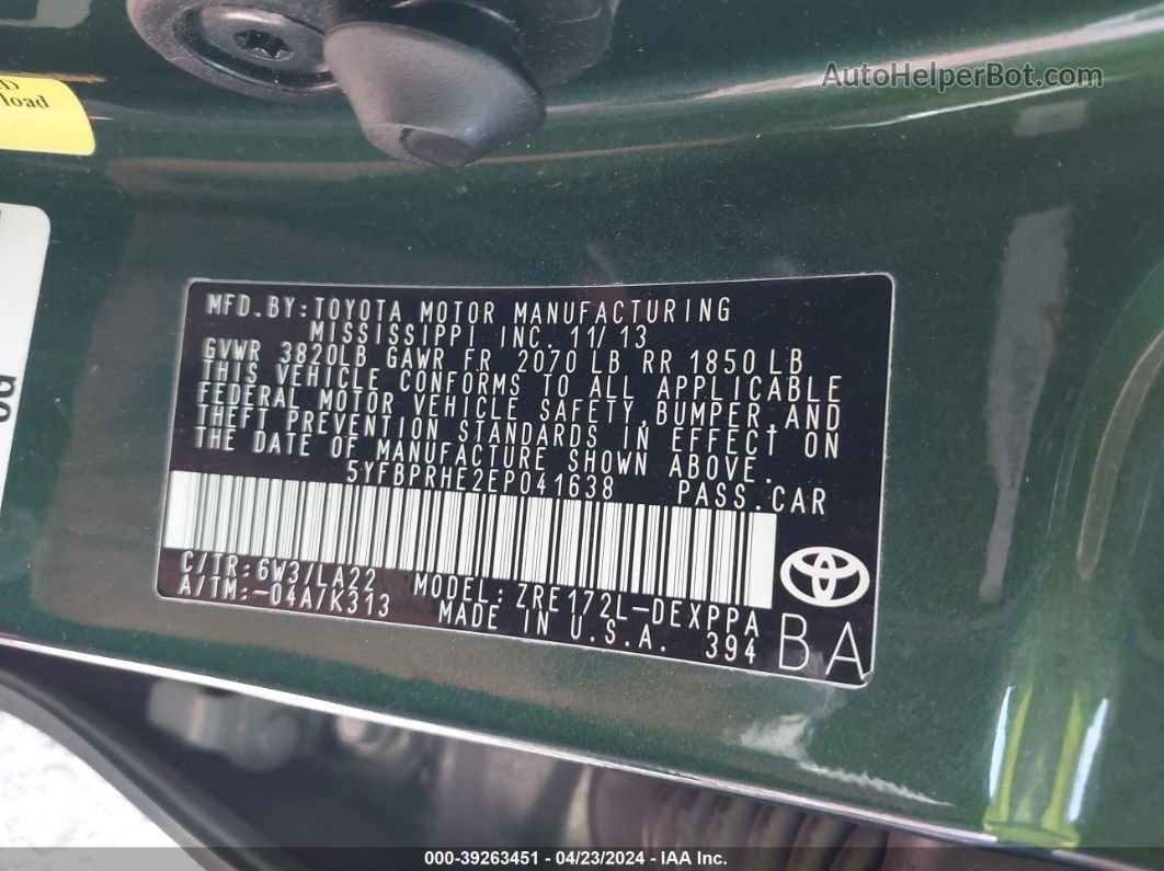 2014 Toyota Corolla Le Eco Premium Зеленый vin: 5YFBPRHE2EP041638