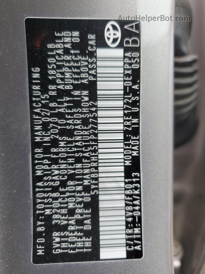 2015 Toyota Corolla Eco Silver vin: 5YFBPRHE5FP277542