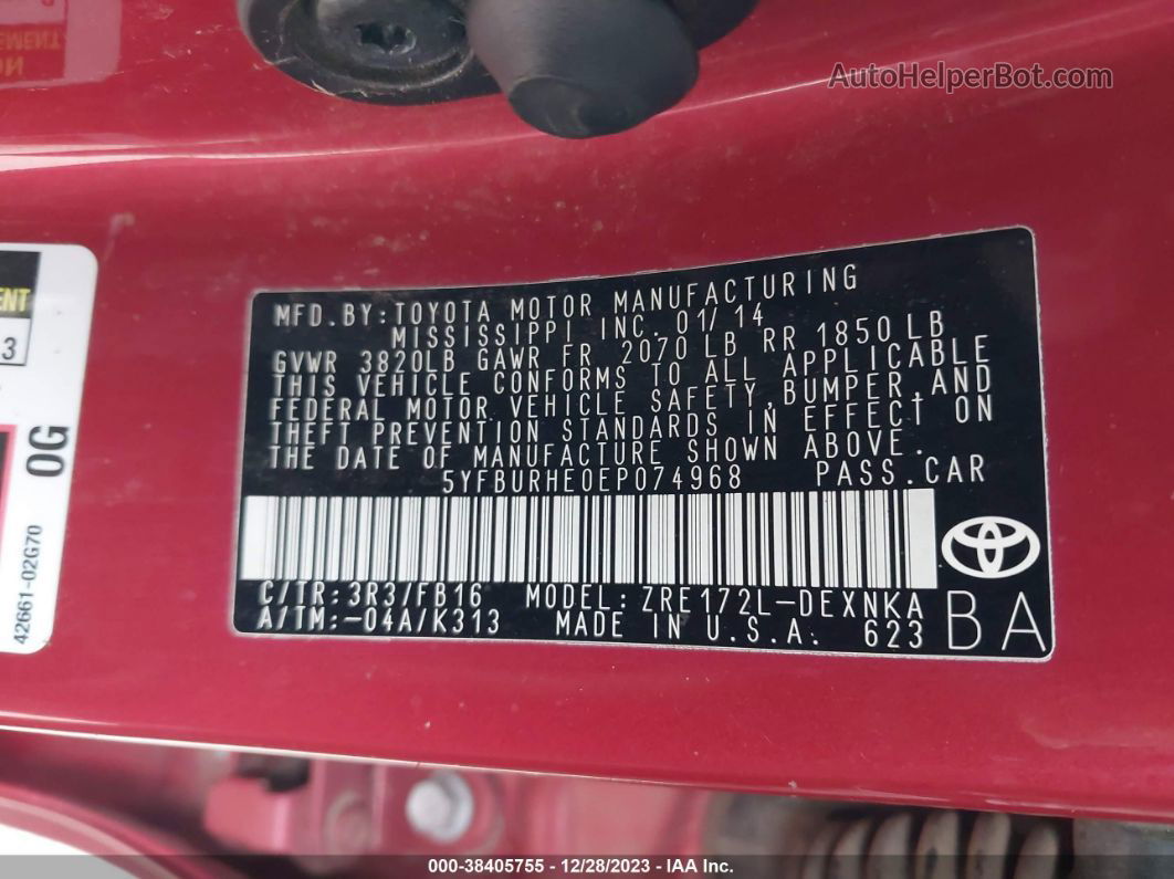 2014 Toyota Corolla Le Красный vin: 5YFBURHE0EP074968