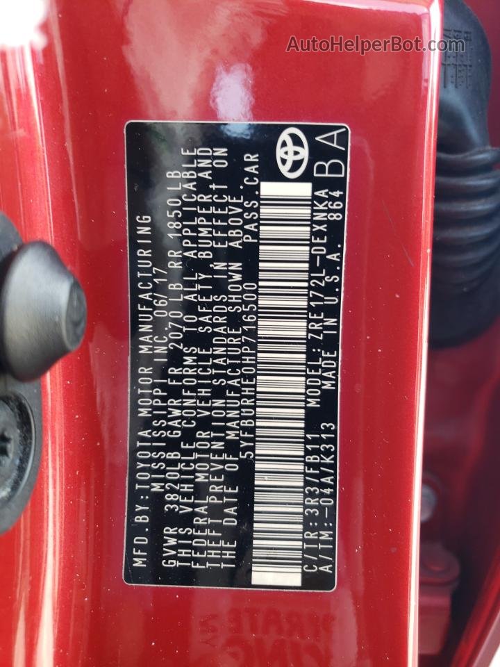 2017 Toyota Corolla L Red vin: 5YFBURHE0HP716500