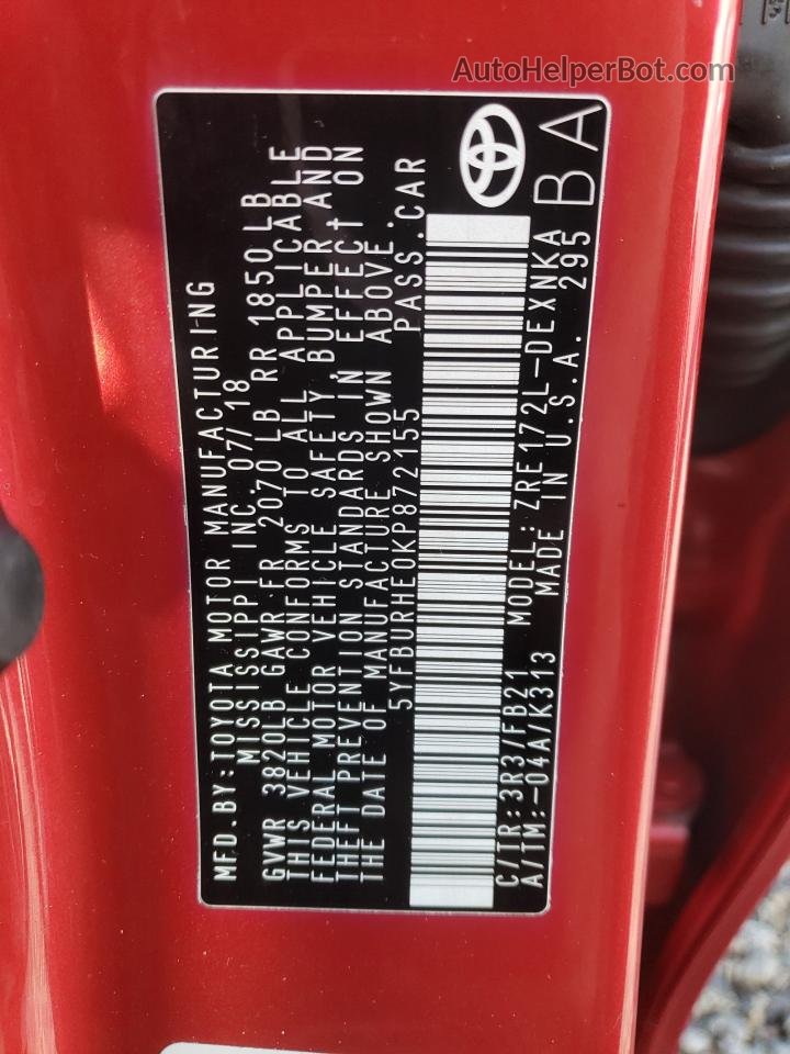 2019 Toyota Corolla L Red vin: 5YFBURHE0KP872155