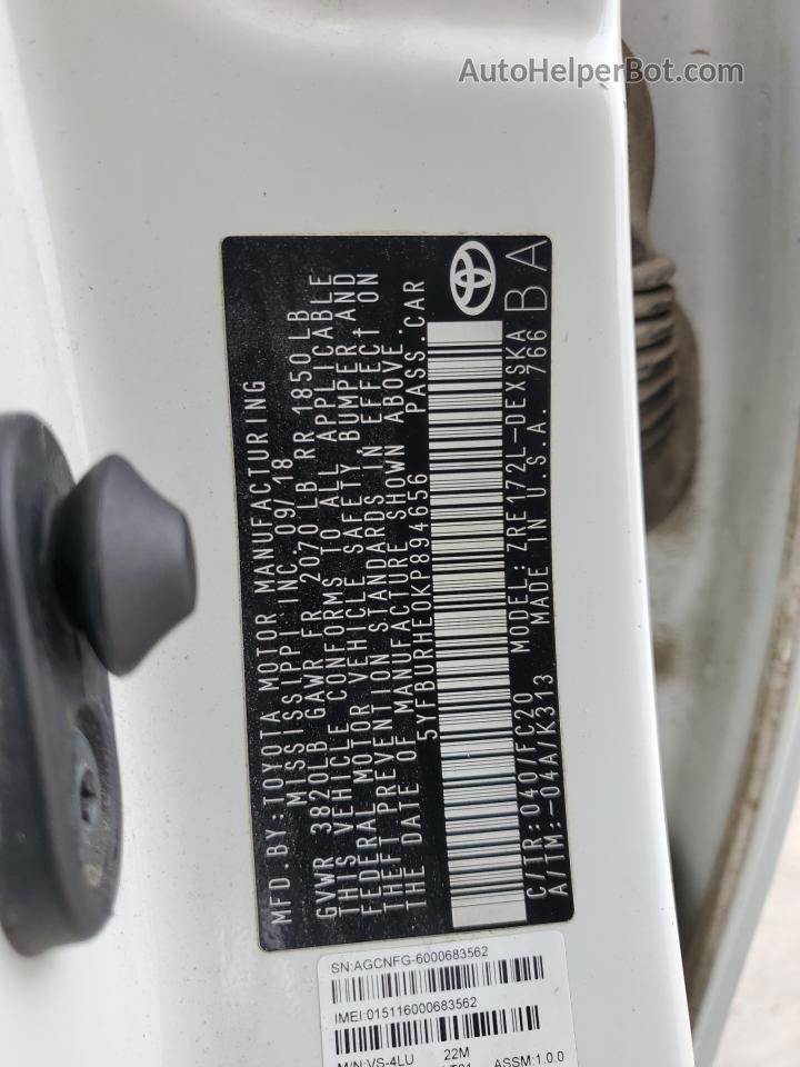 2019 Toyota Corolla L White vin: 5YFBURHE0KP894656