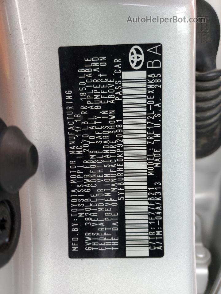 2019 Toyota Corolla L Silver vin: 5YFBURHE0KP920981