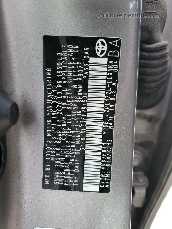 2015 Toyota Corolla L Gray vin: 5YFBURHE1FP294508