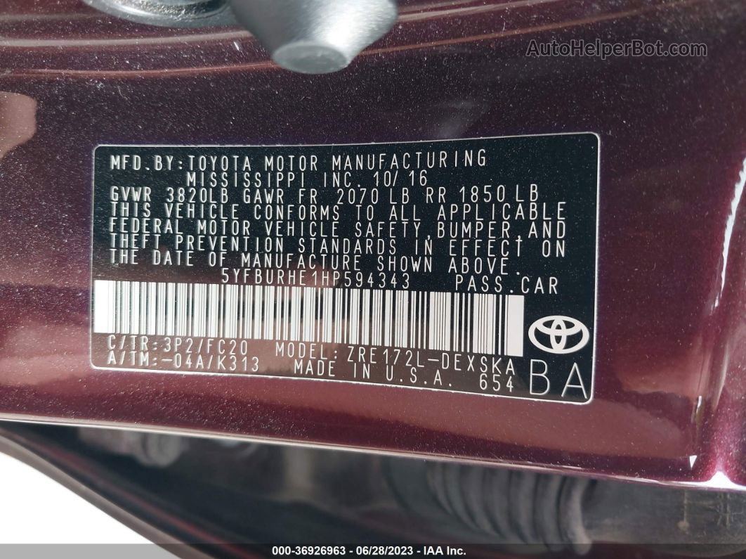 2017 Toyota Corolla L/le/xle/se Maroon vin: 5YFBURHE1HP594343