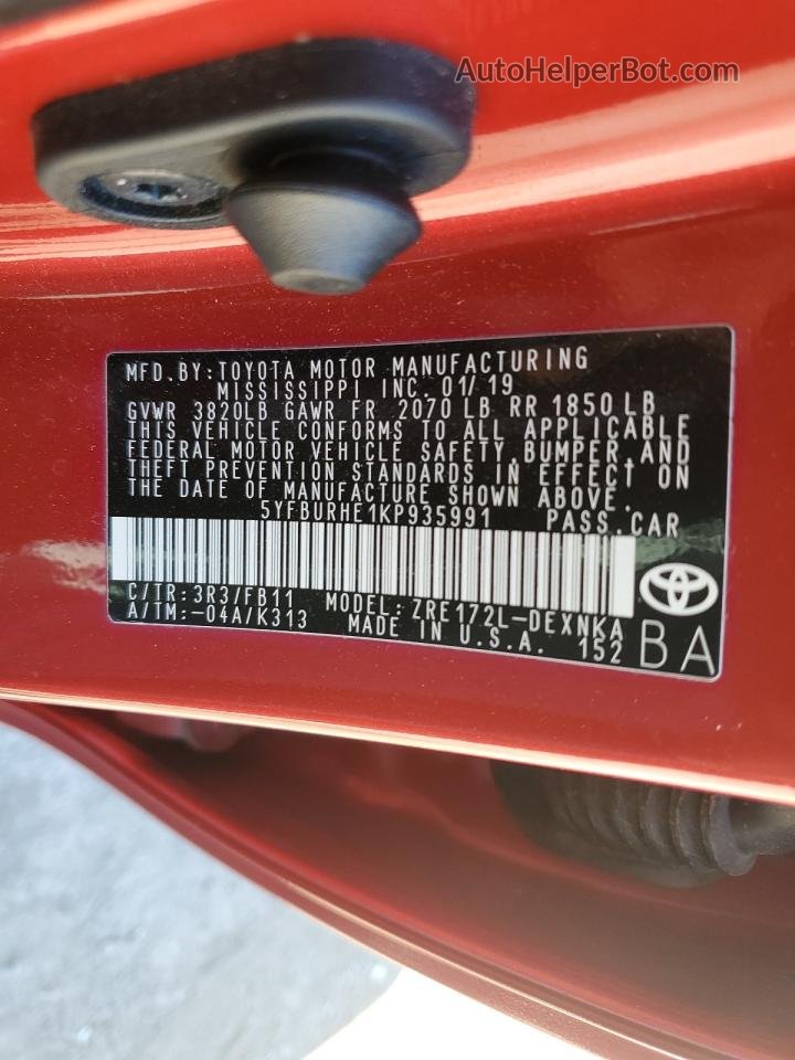 2019 Toyota Corolla L Red vin: 5YFBURHE1KP935991