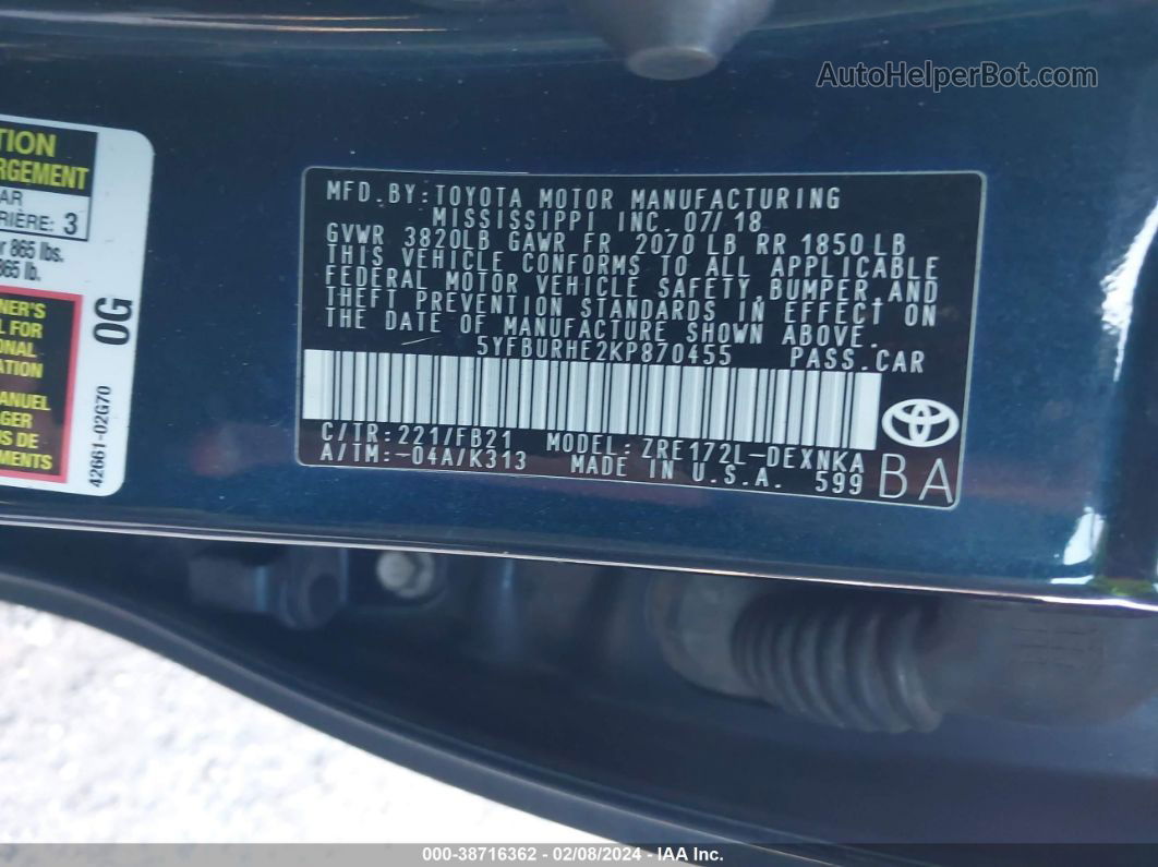 2019 Toyota Corolla Le Синий vin: 5YFBURHE2KP870455