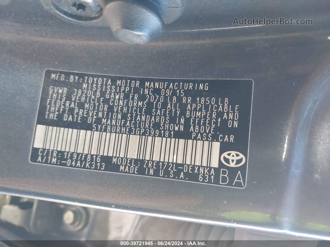 2016 Toyota Corolla Le Серый vin: 5YFBURHE3GP399181
