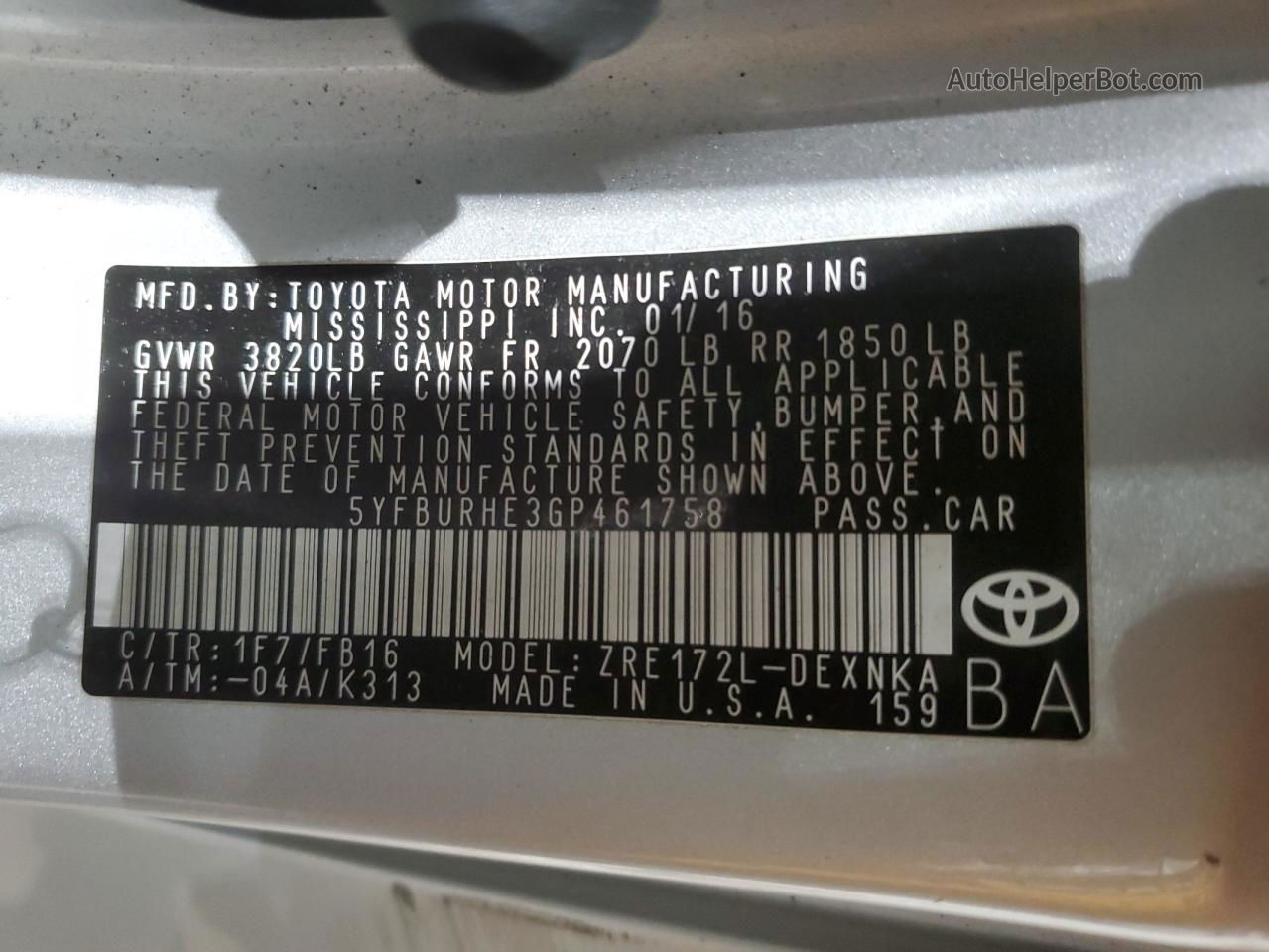 2016 Toyota Corolla L Silver vin: 5YFBURHE3GP461758