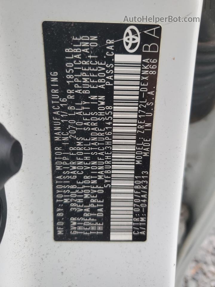 2017 Toyota Corolla L Белый vin: 5YFBURHE3HP614558