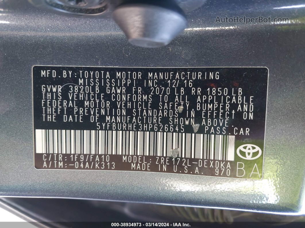 2017 Toyota Corolla L Gray vin: 5YFBURHE3HP626645