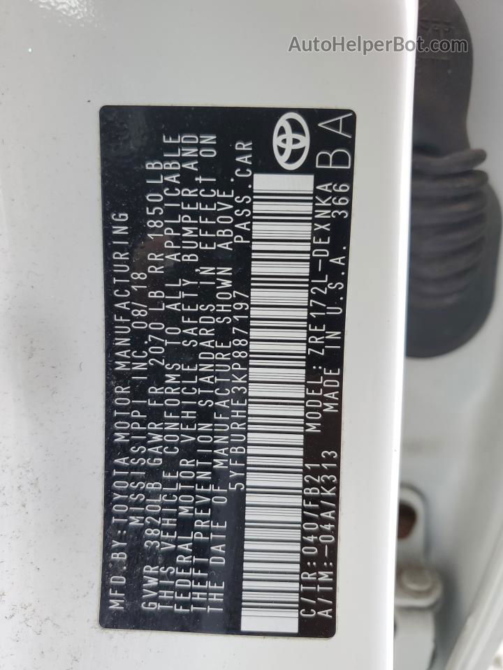 2019 Toyota Corolla L Белый vin: 5YFBURHE3KP887197