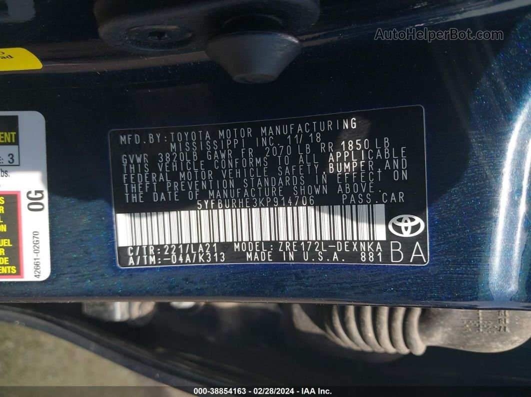 2019 Toyota Corolla Xle Blue vin: 5YFBURHE3KP914706