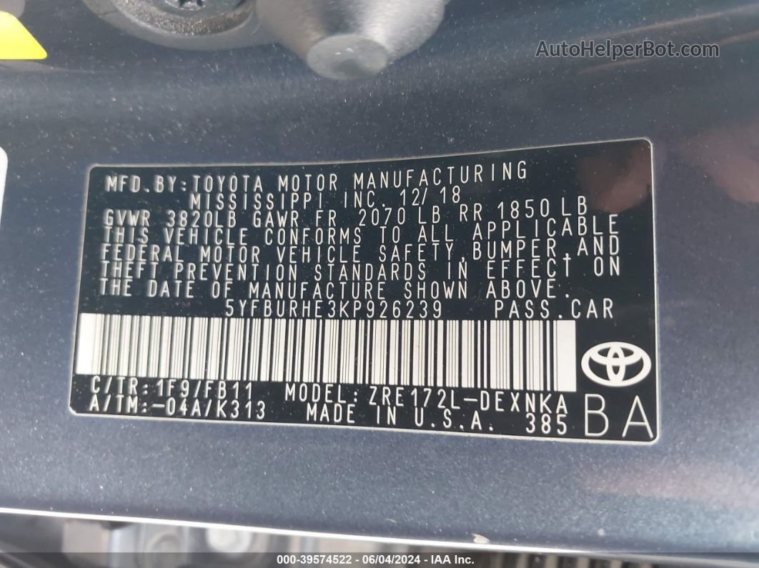 2019 Toyota Corolla Le Blue vin: 5YFBURHE3KP926239