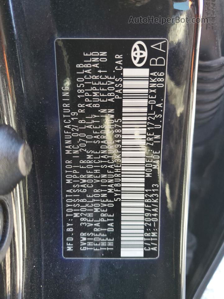 2019 Toyota Corolla L Black vin: 5YFBURHE3KP949875