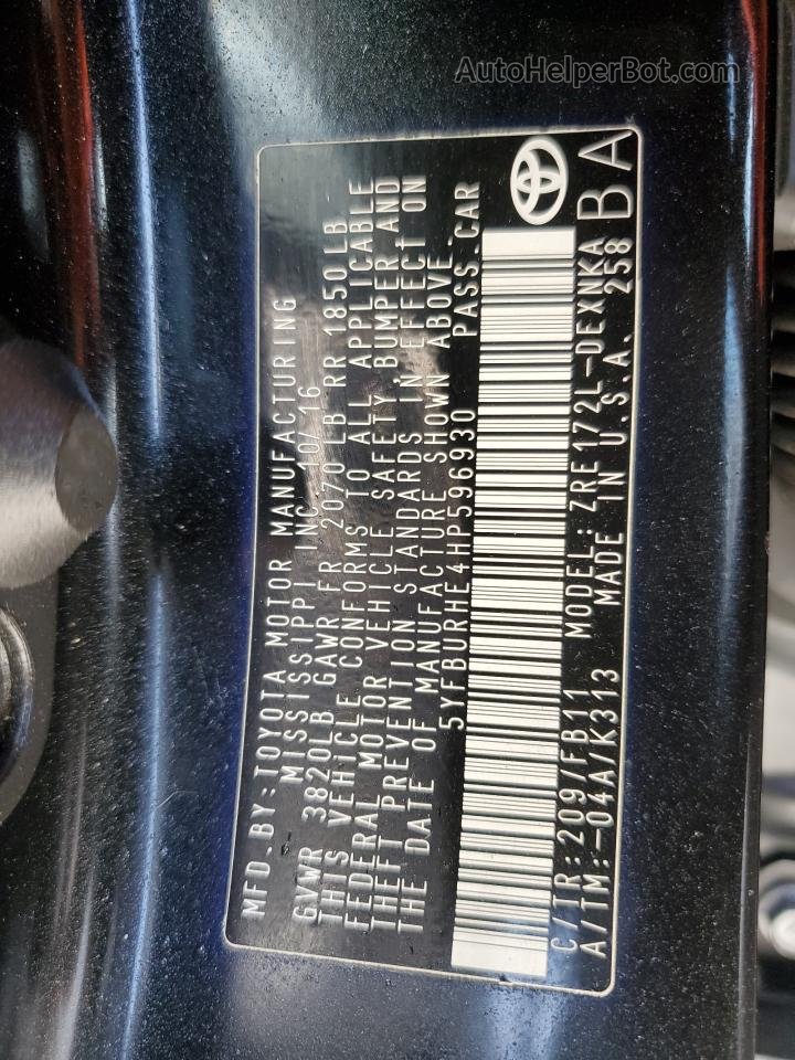 2017 Toyota Corolla L Черный vin: 5YFBURHE4HP596930
