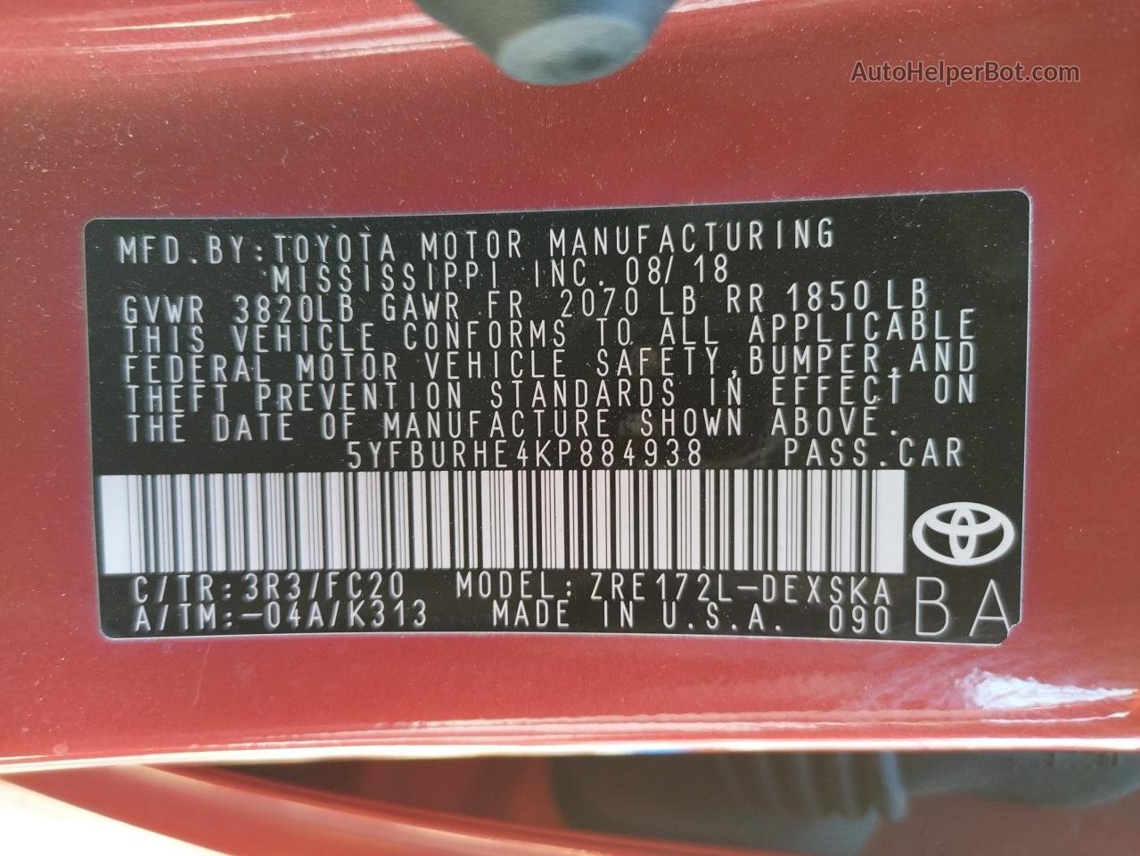 2019 Toyota Corolla L Red vin: 5YFBURHE4KP884938