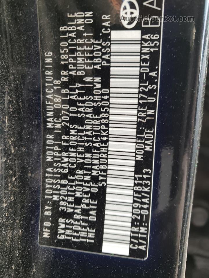 2019 Toyota Corolla L Gray vin: 5YFBURHE4KP885040