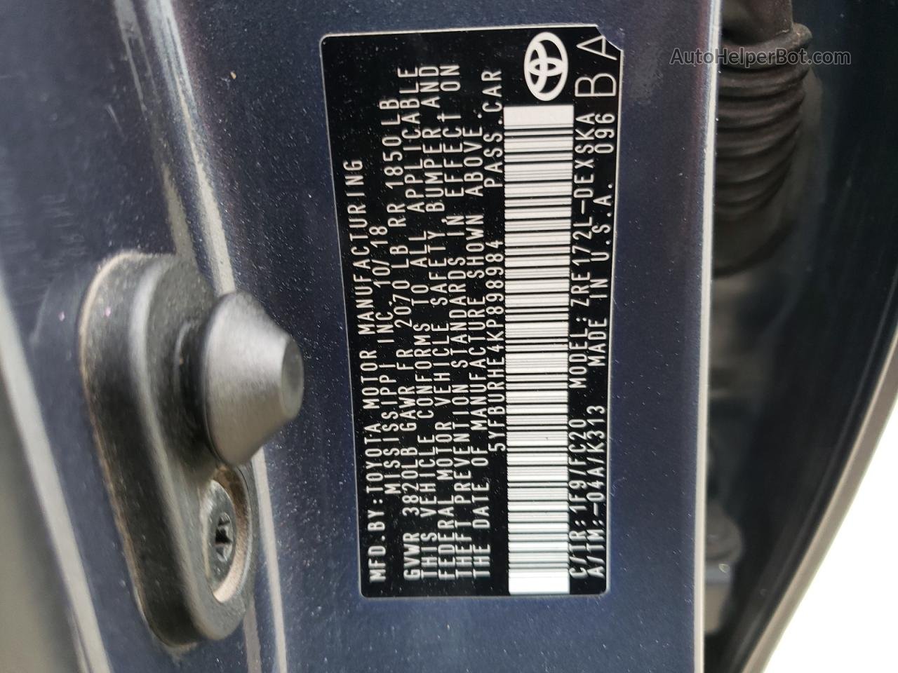 2019 Toyota Corolla L Gray vin: 5YFBURHE4KP898984