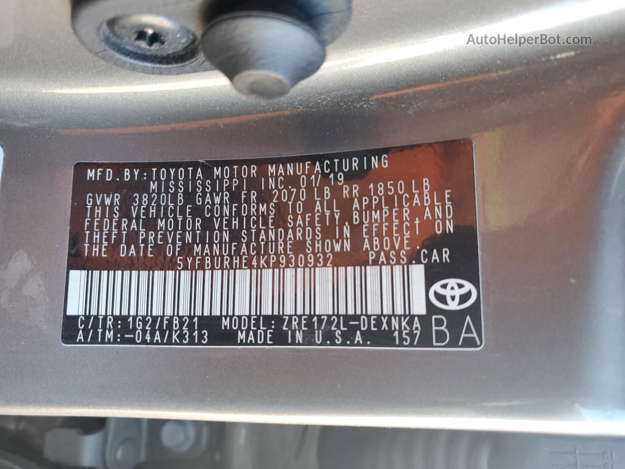 2019 Toyota Corolla L Серый vin: 5YFBURHE4KP930932