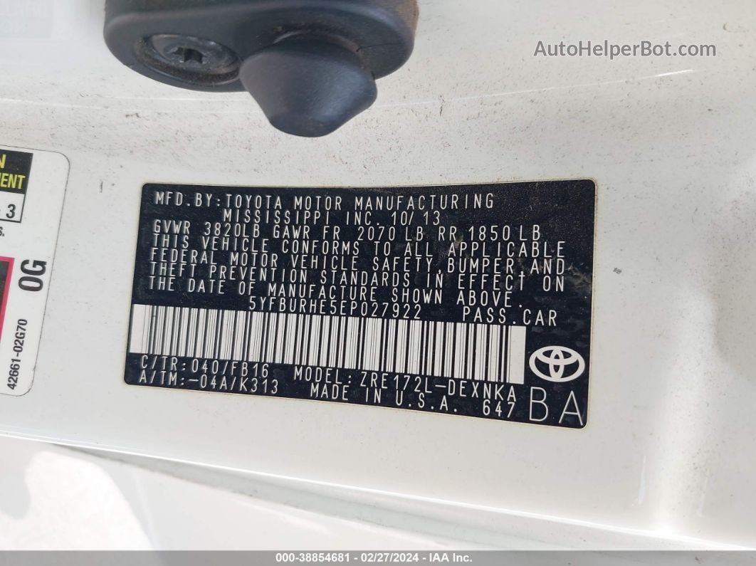 2014 Toyota Corolla L/le/le Plus/le Premium/s/s Plus/s Premium Белый vin: 5YFBURHE5EP027922