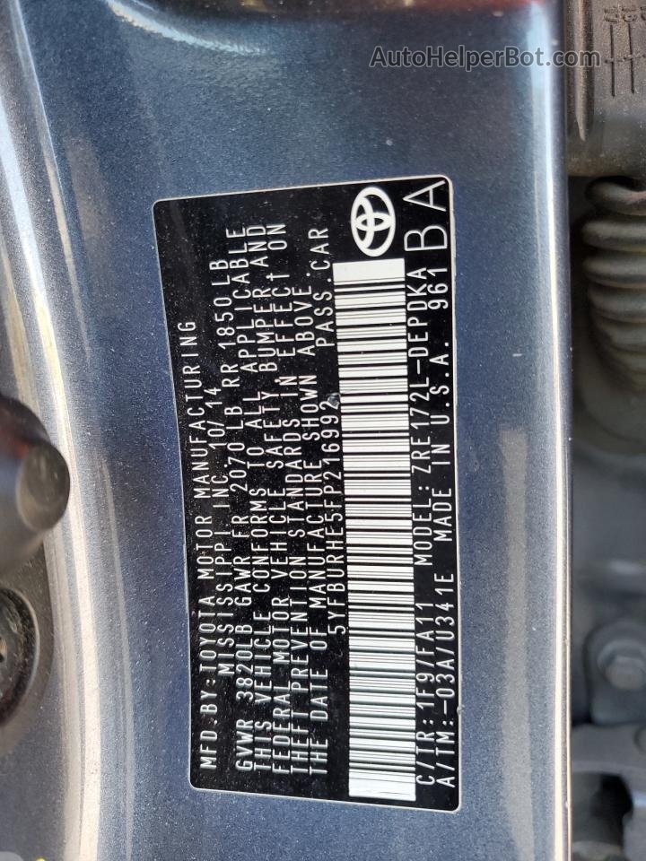 2015 Toyota Corolla L Gray vin: 5YFBURHE5FP216992