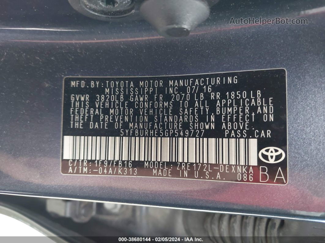 2016 Toyota Corolla Le Gray vin: 5YFBURHE5GP549727