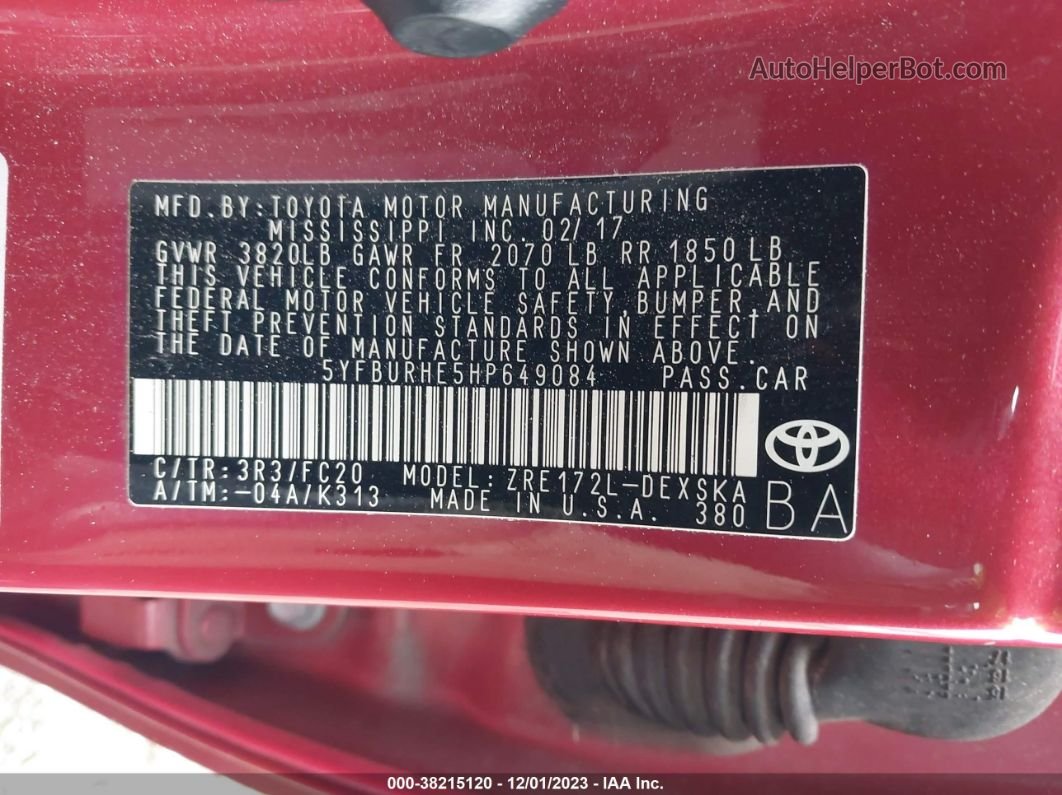 2017 Toyota Corolla Se Red vin: 5YFBURHE5HP649084