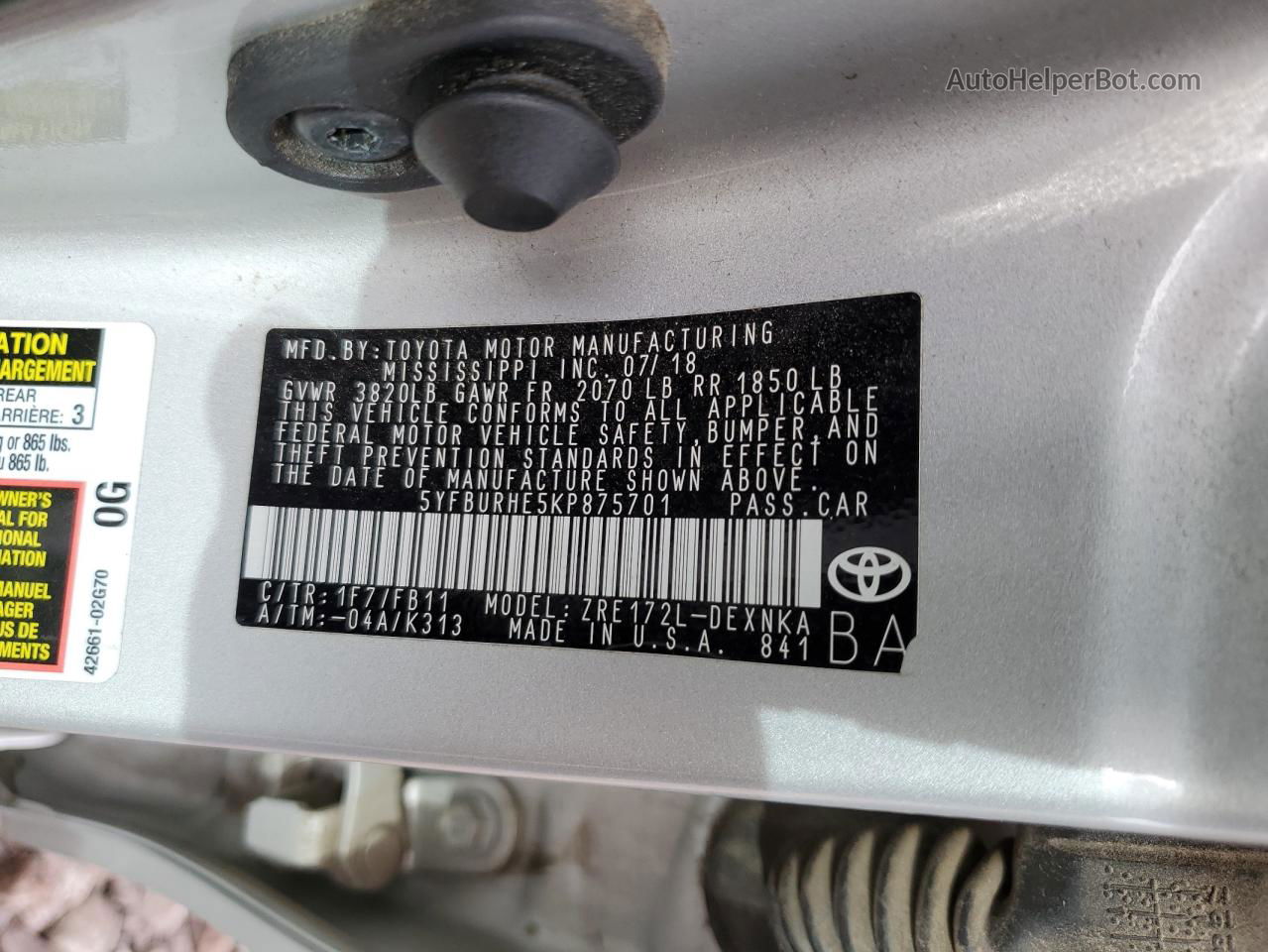 2019 Toyota Corolla L Silver vin: 5YFBURHE5KP875701