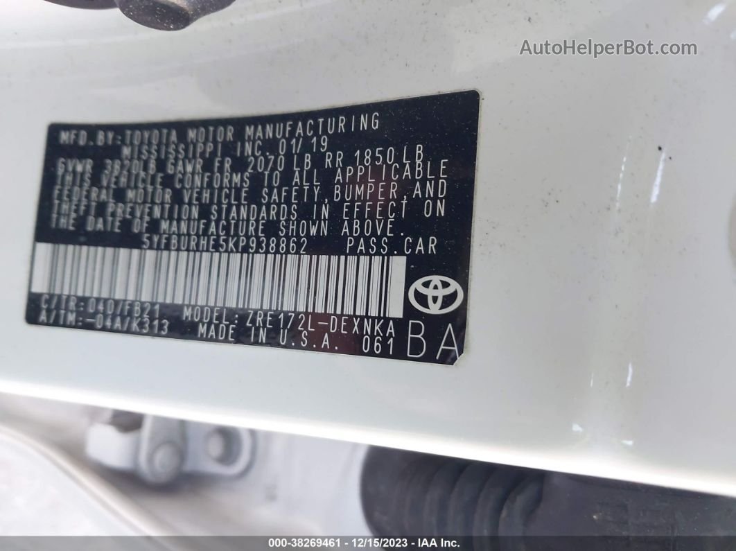 2019 Toyota Corolla Le White vin: 5YFBURHE5KP938862