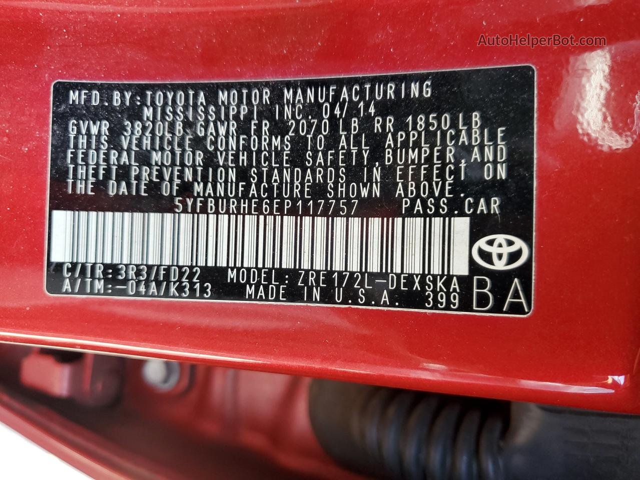 2014 Toyota Corolla L Красный vin: 5YFBURHE6EP117757