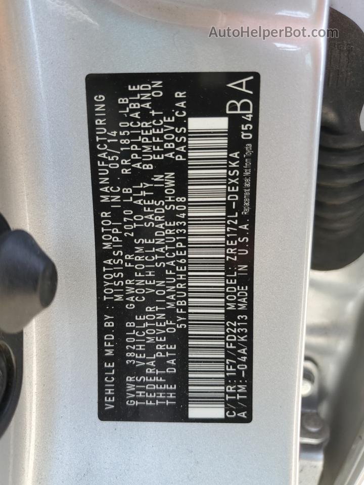 2014 Toyota Corolla L Серебряный vin: 5YFBURHE6EP133408