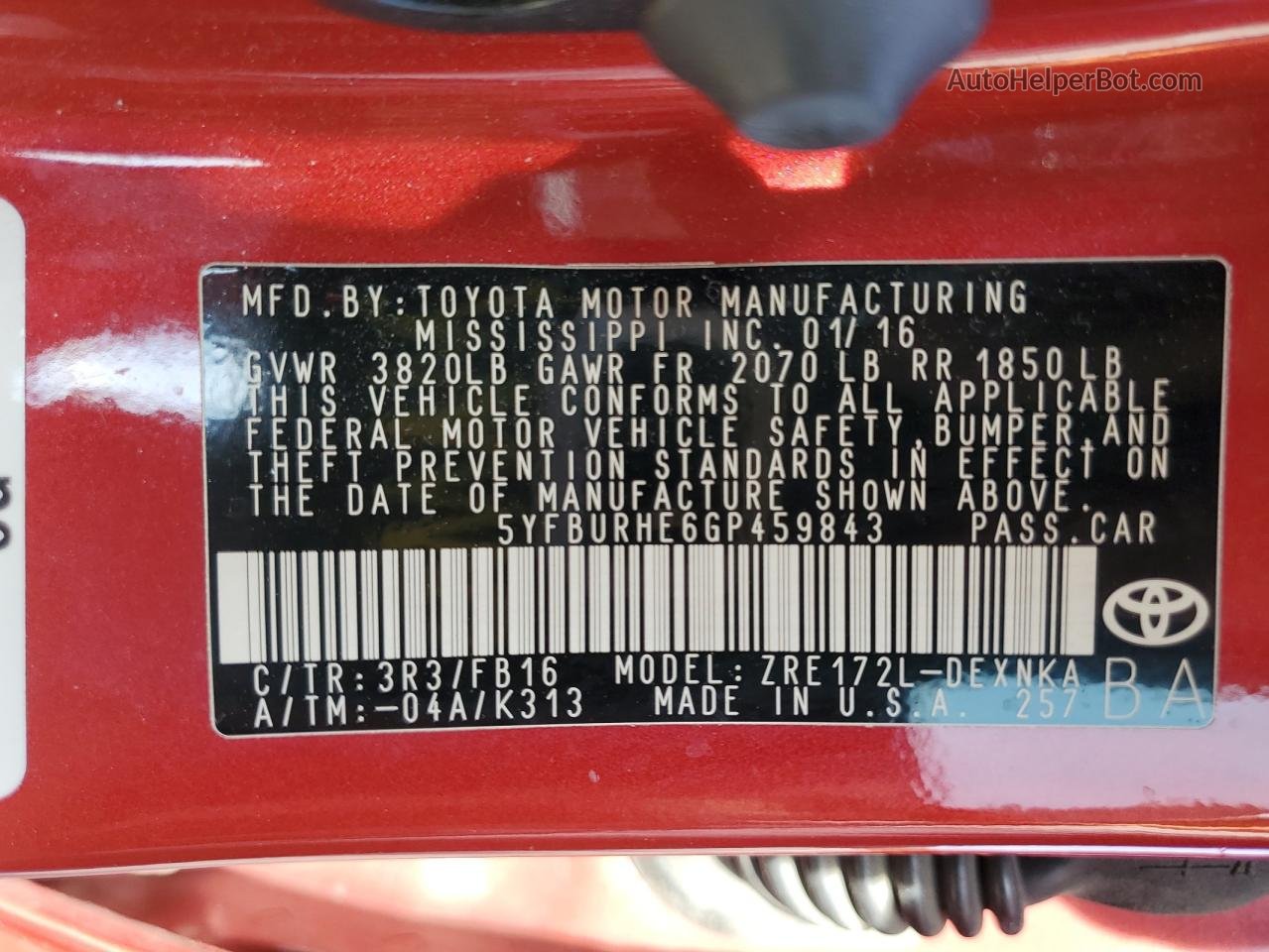 2016 Toyota Corolla L Red vin: 5YFBURHE6GP459843