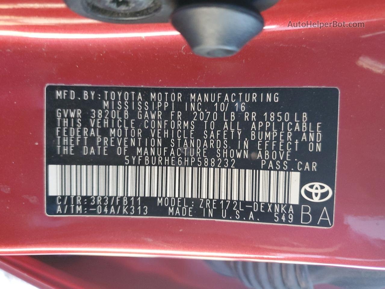 2017 Toyota Corolla L Красный vin: 5YFBURHE6HP588232