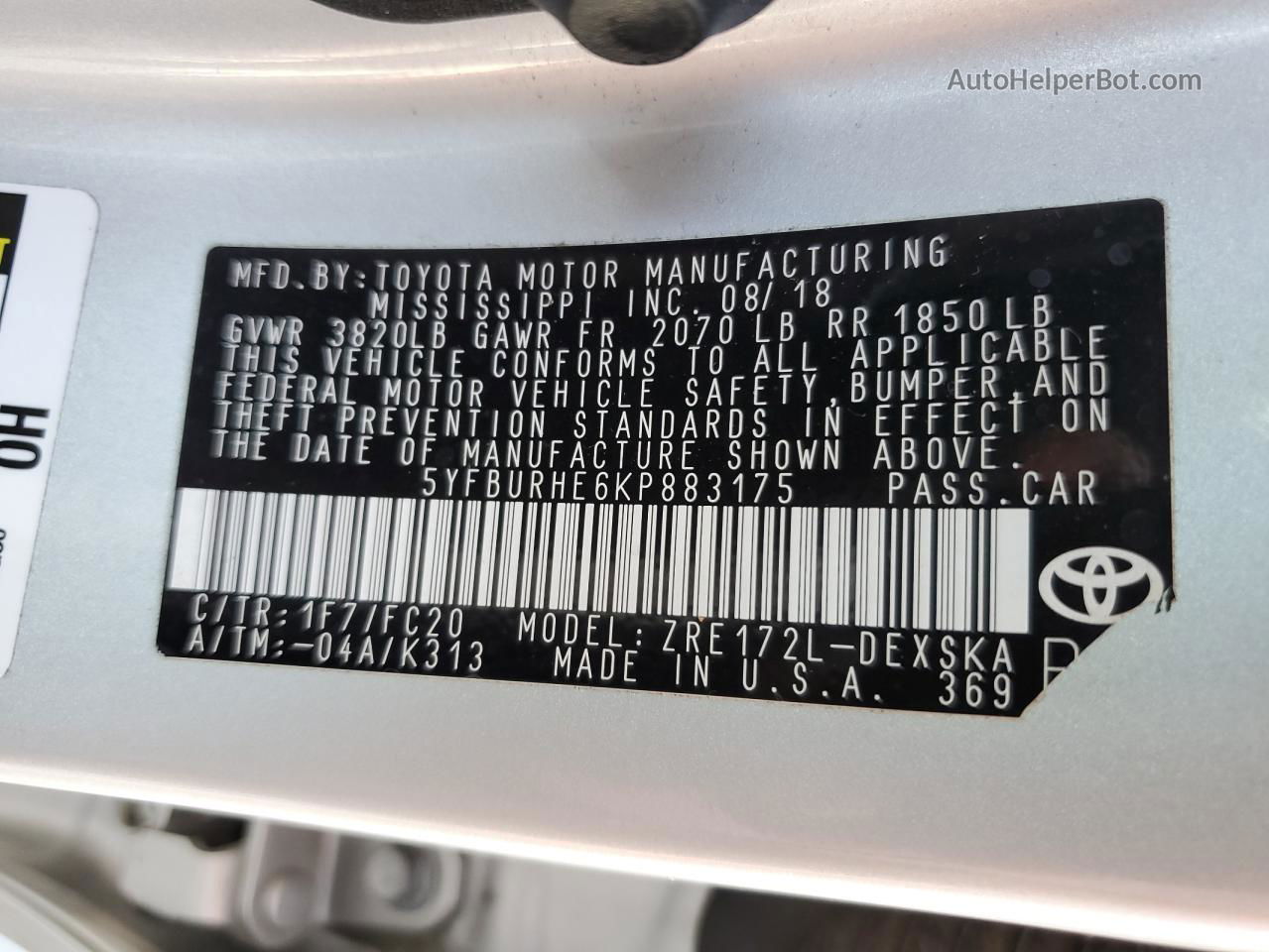 2019 Toyota Corolla L Silver vin: 5YFBURHE6KP883175