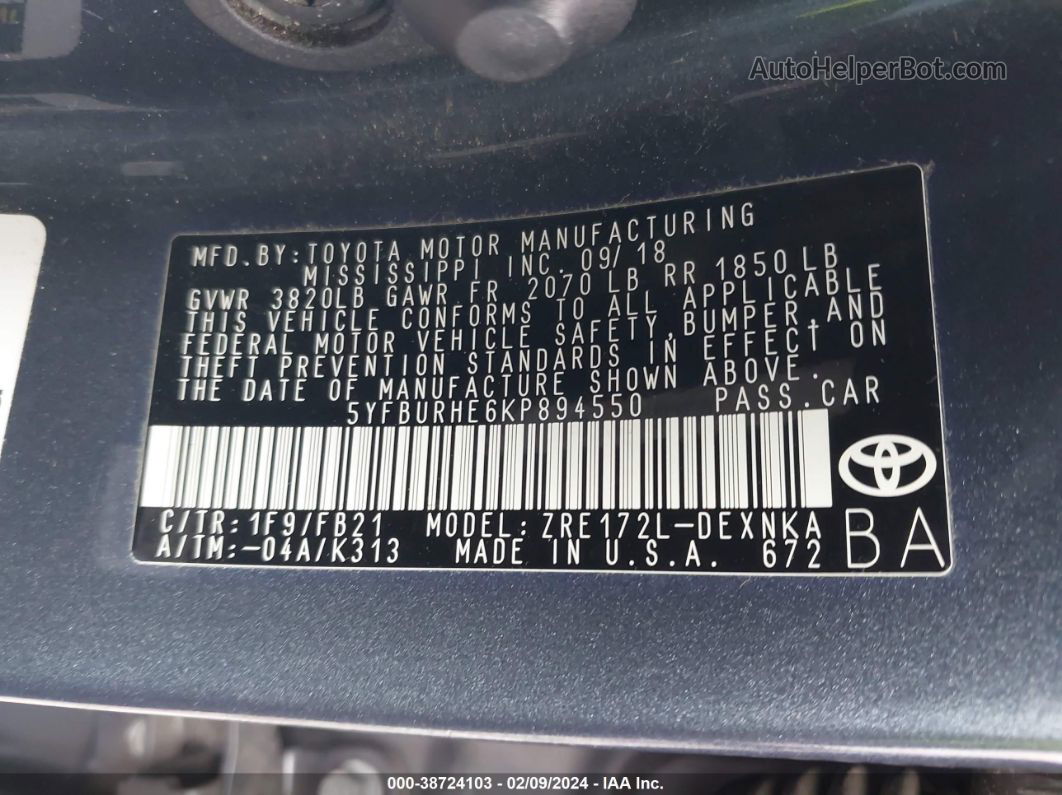 2019 Toyota Corolla Le Серый vin: 5YFBURHE6KP894550